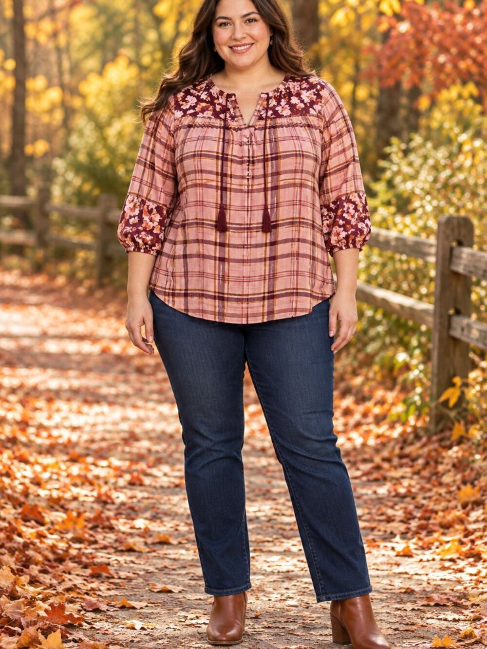 Westbound 2X Pink Plaid Floral Tassel Peasant Blouse Boho Cottagecore Brunch
